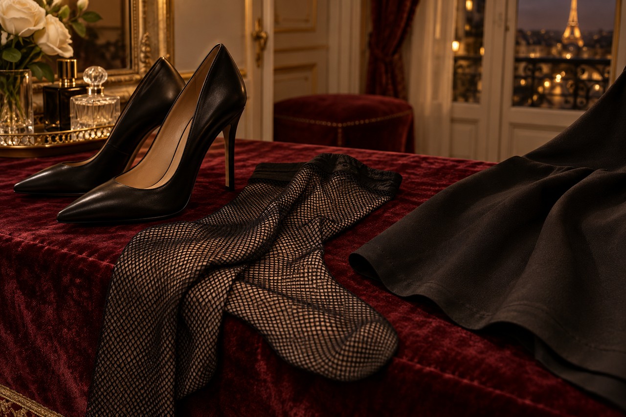 Bas résille élégants et séduisants Jambes en bas résille noirs avec escarpins sous une robe élégante