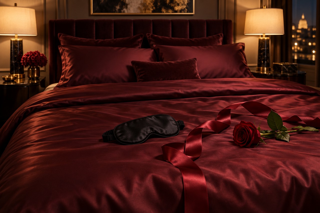 Bondage au lit et jeu de contrôle Menottes en satin et cordes douces sur un lit élégant