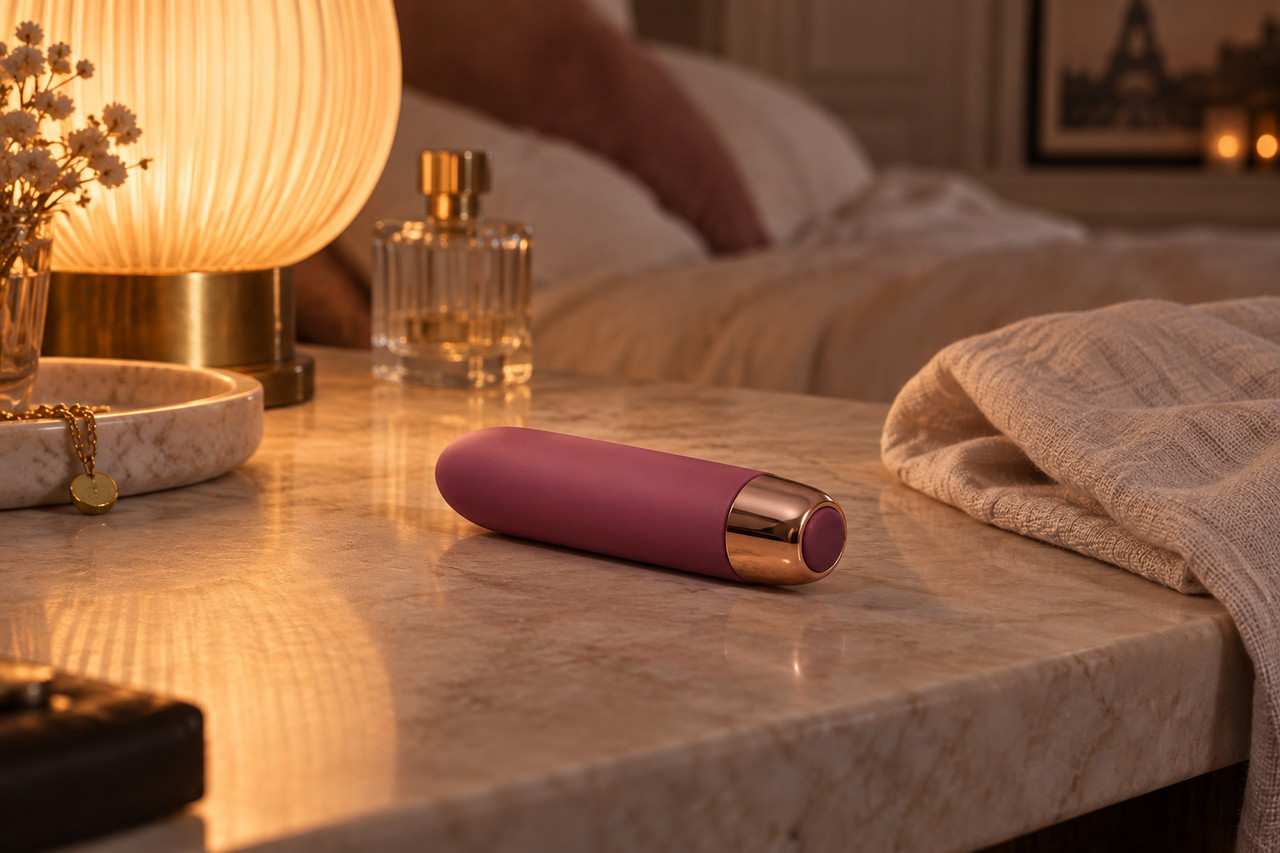 bullet-petit-format-1280×853-1 Petit bullet vibrant rose posé sur une table de chevet élégante