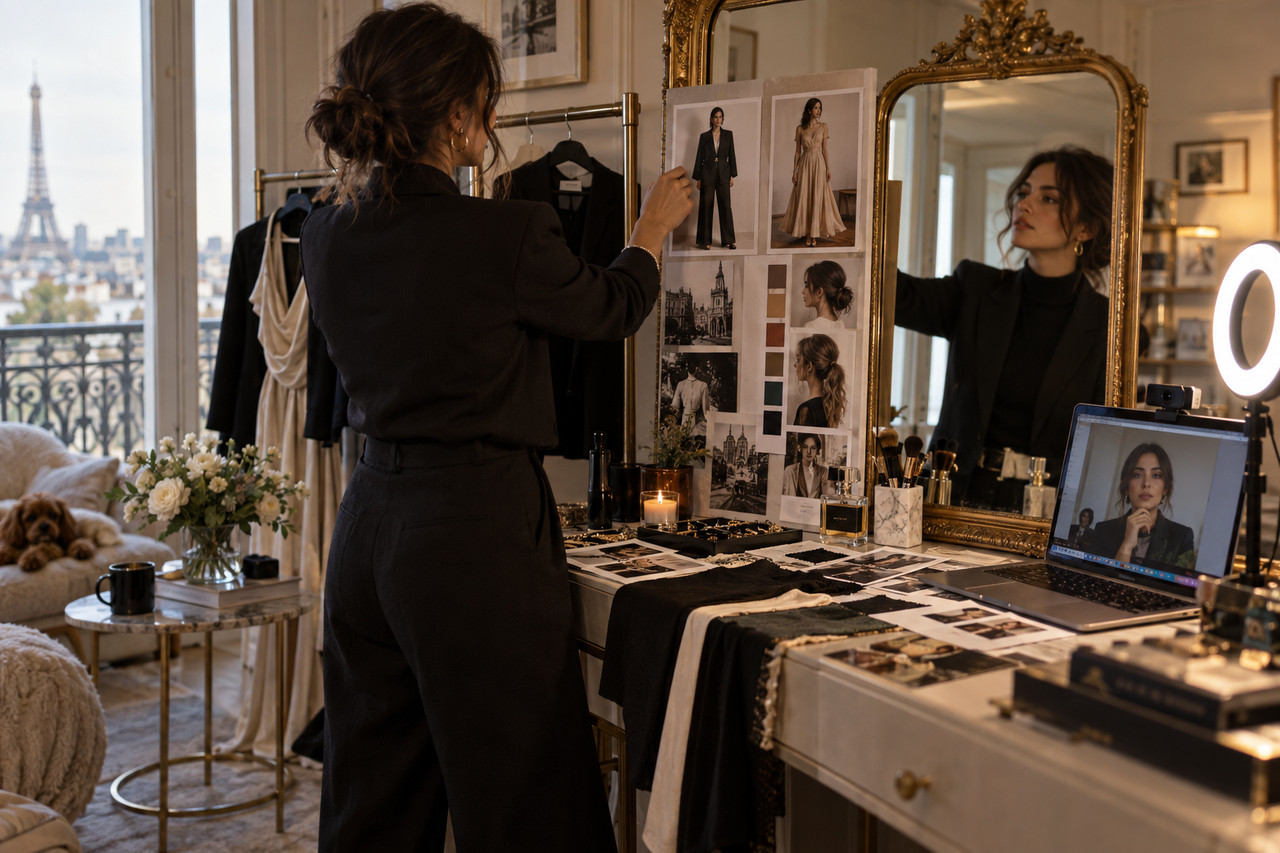 creer-personnage-camgirl-1280×853-1 Créatrice préparant son style et son personnage devant un miroir et une webcam