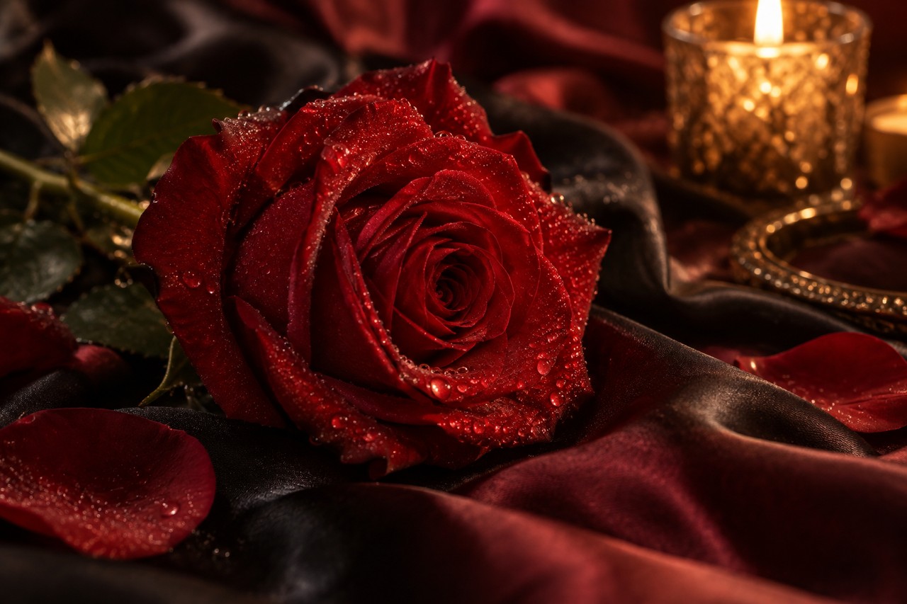 Cunnilingus irrésistible et plaisir féminin Rose rouge entrouverte sur des draps de satin sombre