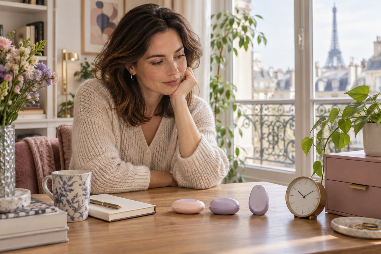 Femme réfléchissant à son usage de petits appareils de bien-être à côté d’un journal et d’une horloge