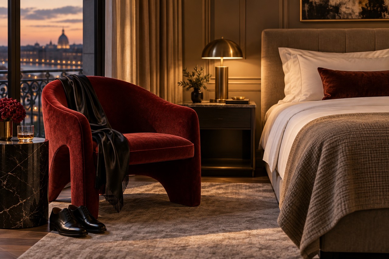 Faire l’amour sur une chaise Fauteuil rouge près d’un lit dans une chambre d’hôtel élégante