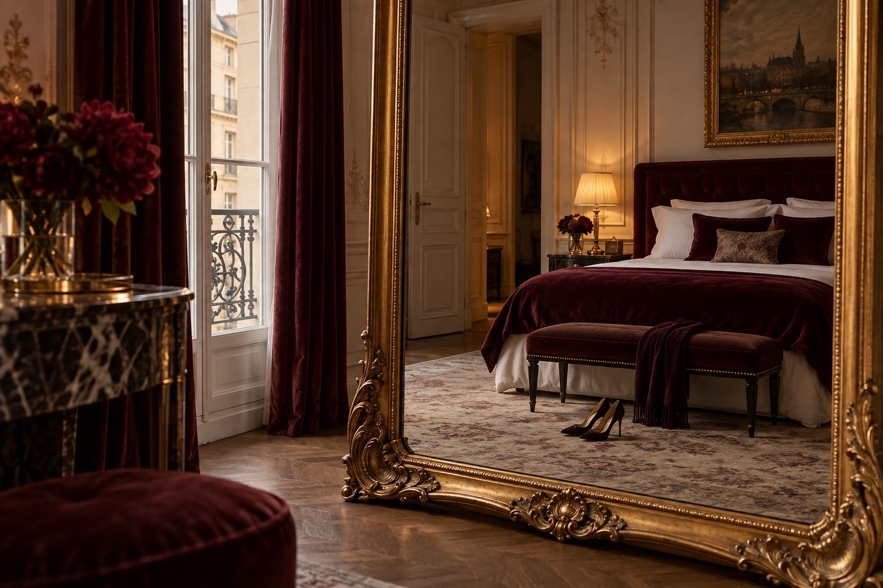 Faire l’amour devant un miroir Grand miroir en pied reflétant une chambre élégante éclairée en bordeaux