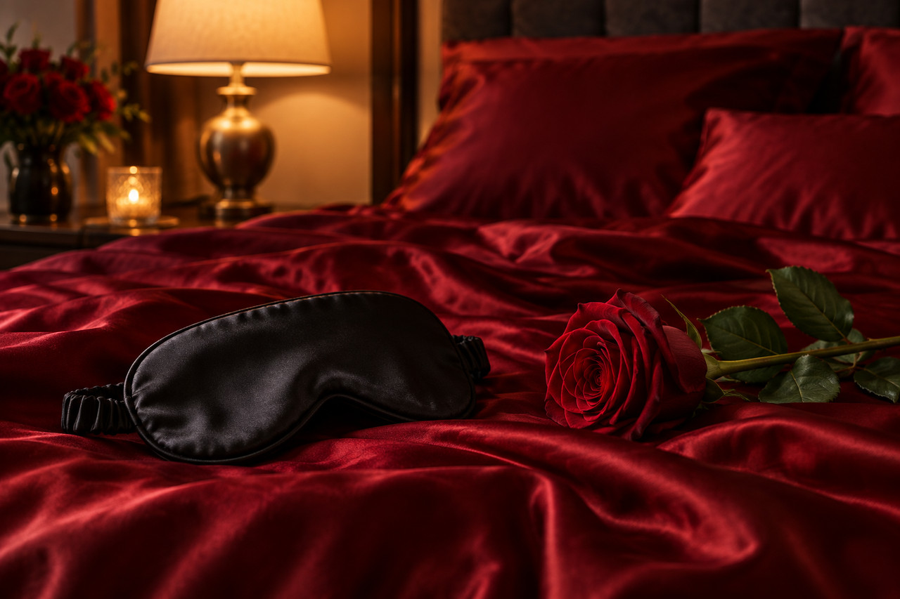 Fessée érotique et plaisir Masque de satin noir et rose rouge sur un lit