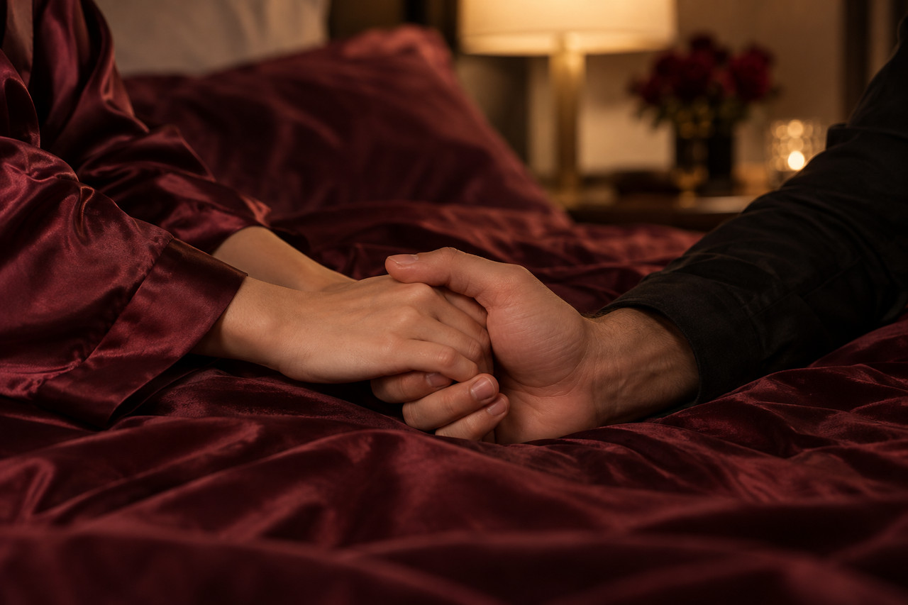 Fist vaginal, confiance et progression Mains d’un couple adulte enlacées sur des draps de satin