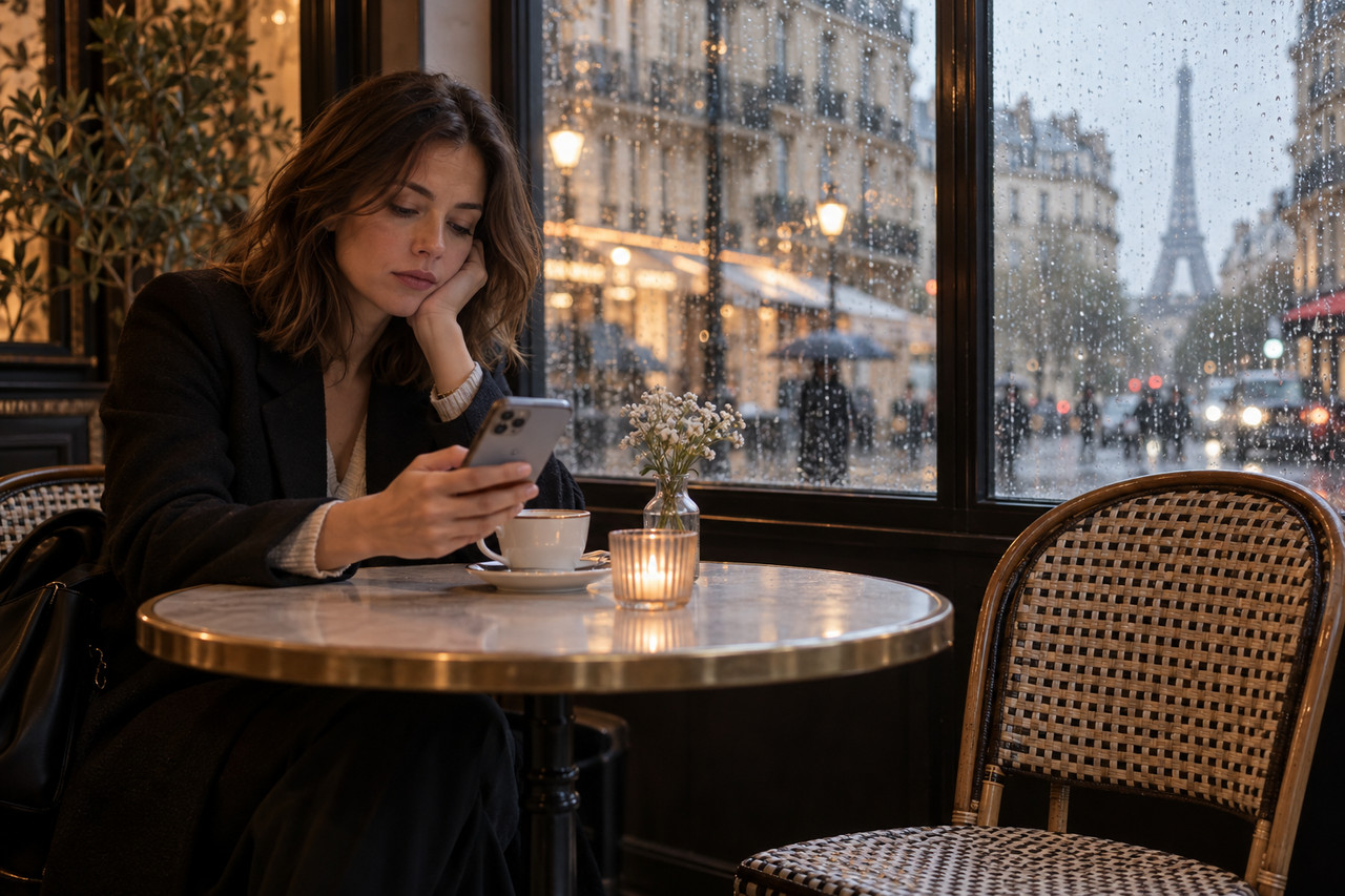 ghosting-rencontre-sexuelle-1280×853-1 Femme seule devant son téléphone et une chaise vide dans un café pluvieux