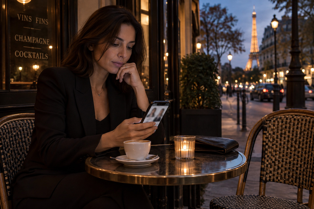 gleeden-rencontres-extra-conjugales-1280×853-1 Femme consultant discrètement une application de rencontre dans un café parisien