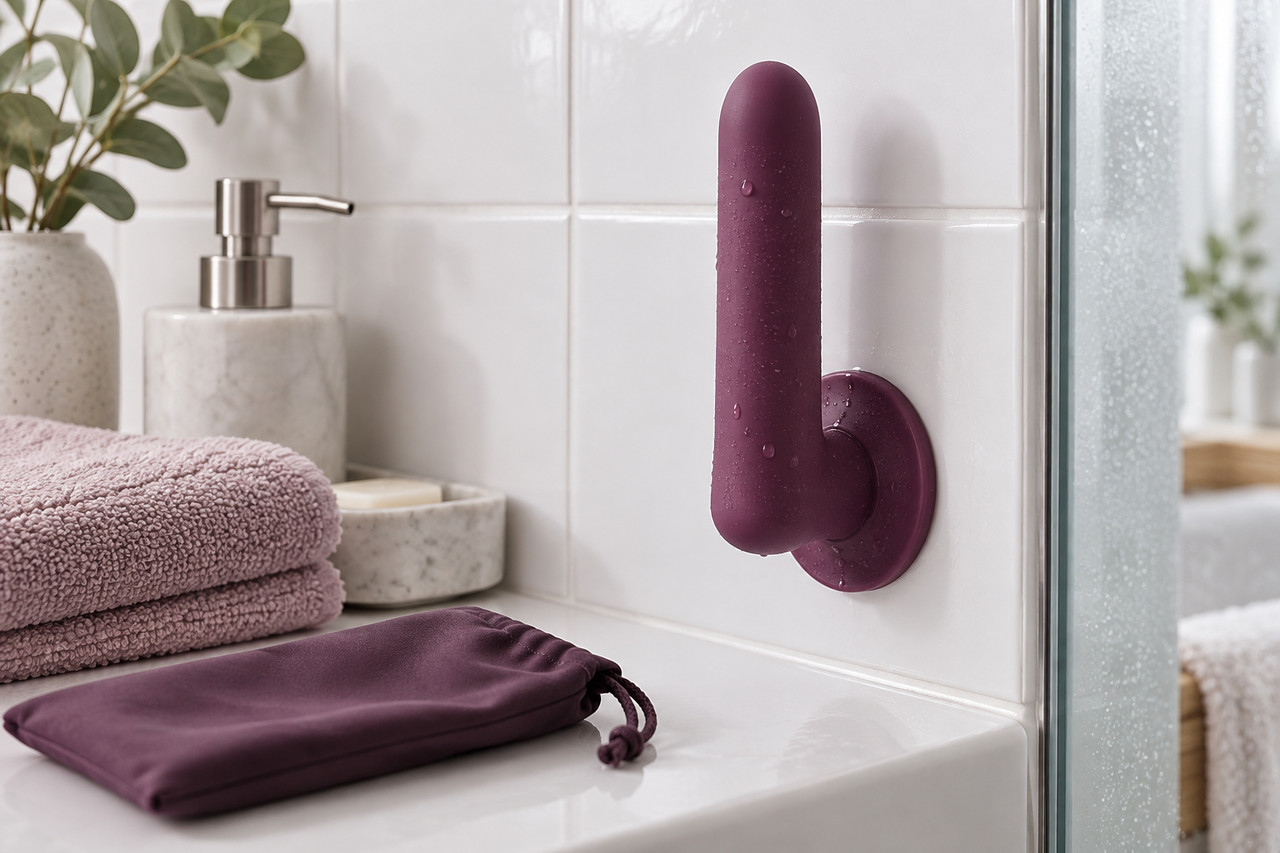 gode-ventouse-utilisation-1280×853-1 Accessoire en silicone fixé par ventouse sur un carrelage de salle de bain