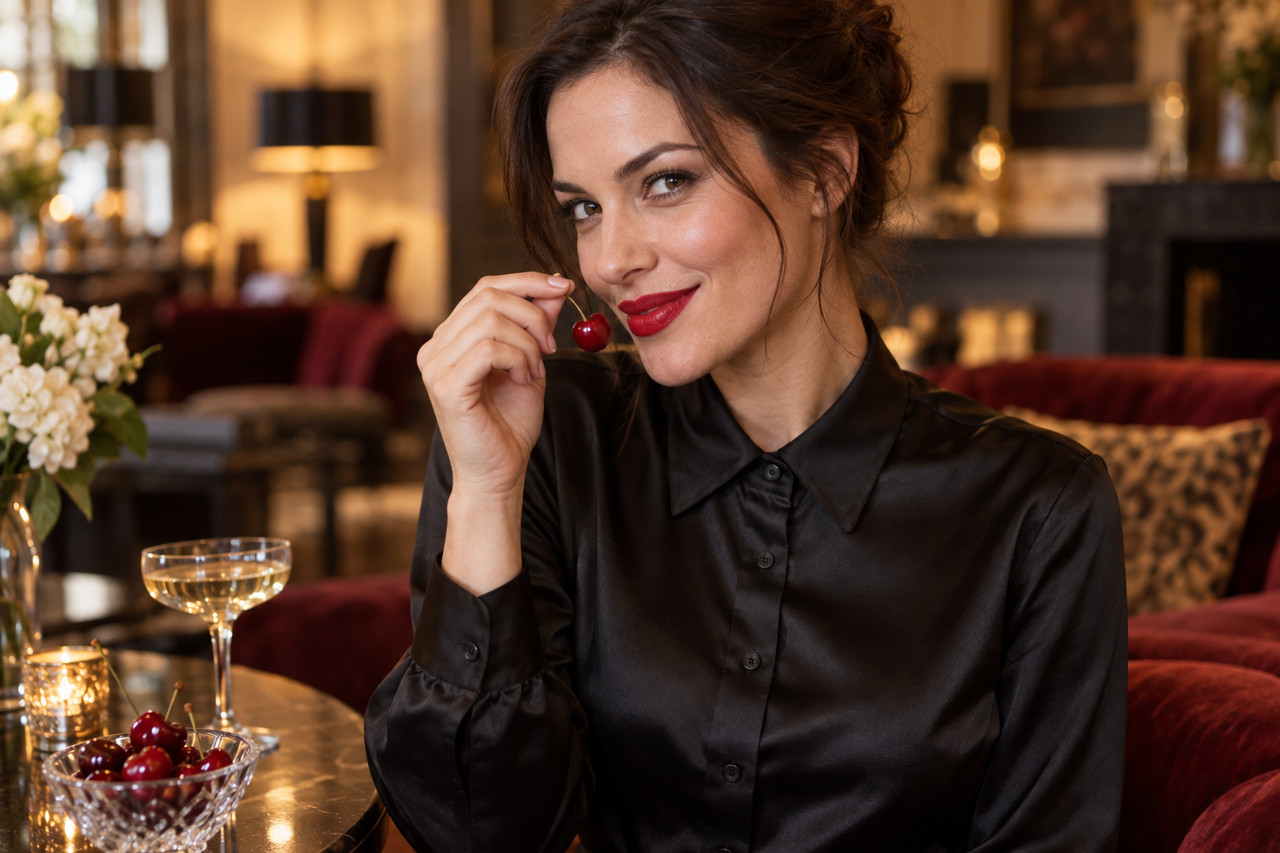 Gorge profonde, fantasme et plaisir partagé Femme adulte tenant une sucette rouge dans une ambiance sensuelle