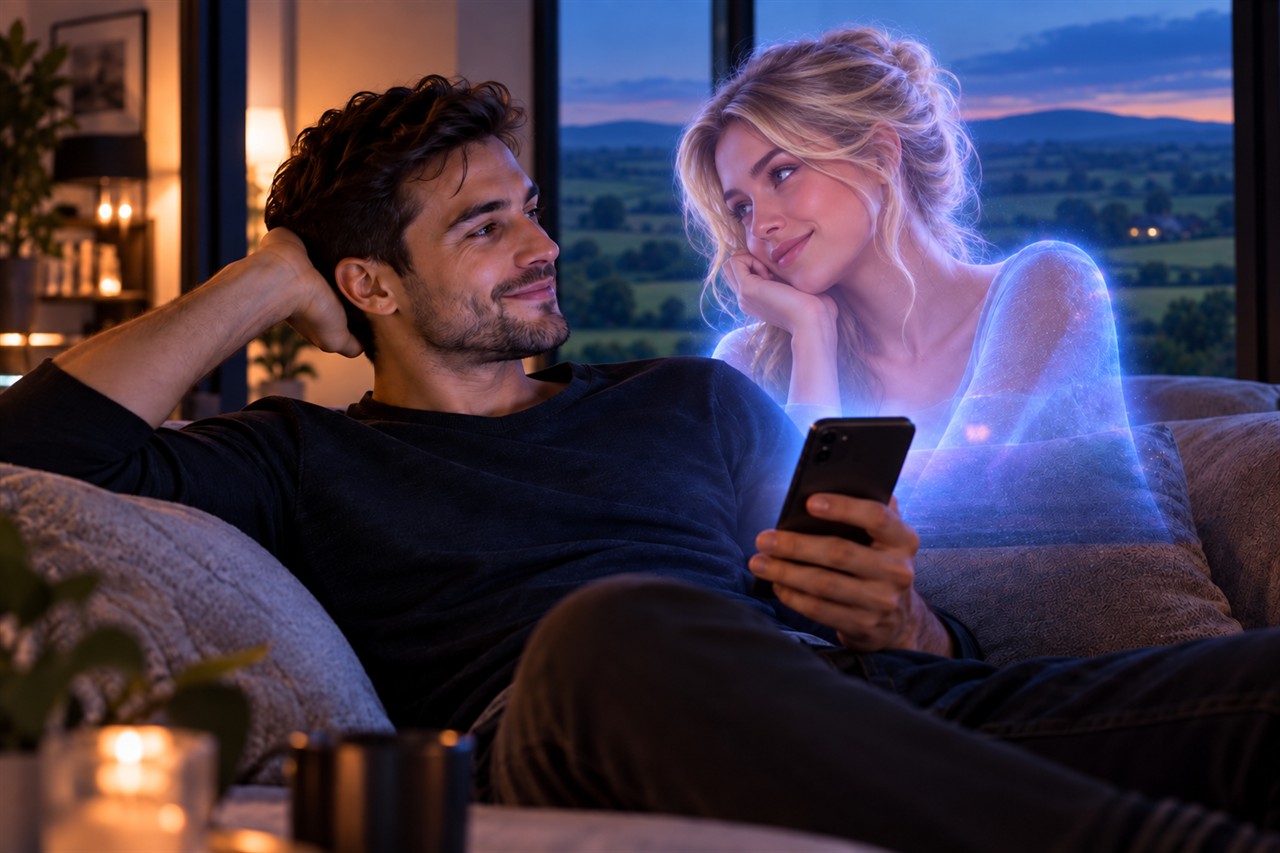 IA girlfriend blonde et intimité virtuelle Homme échangeant avec une petite amie virtuelle blonde devant un paysage de campagne