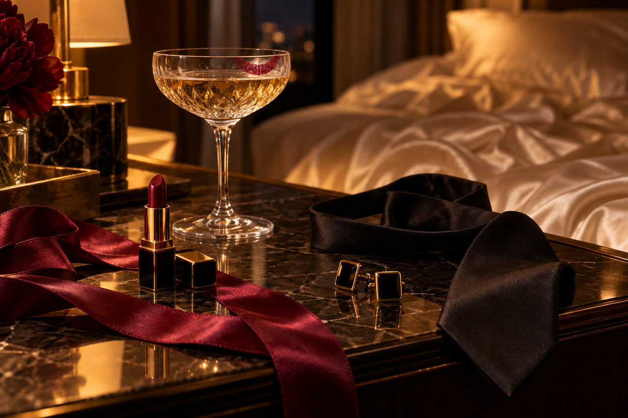 JeMontreMaFellation : mon avis sur le site amateur consacré aux pipes Rouge à lèvres, cravate noire et verre marqué de rouge dans une chambre d’hôtel