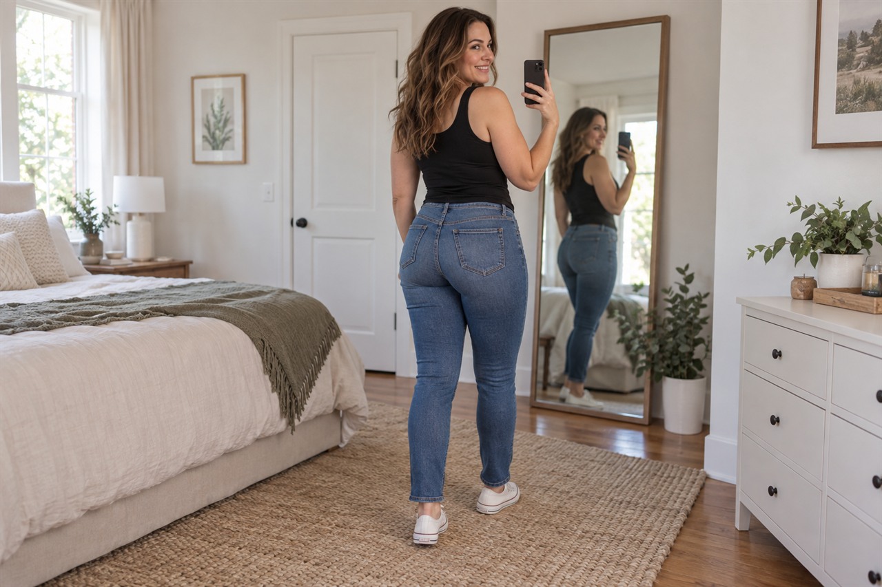 JeMontreMesFesses, le site amateur consacré aux fesses Femme adulte en jean photographiant sa silhouette de dos devant un miroir