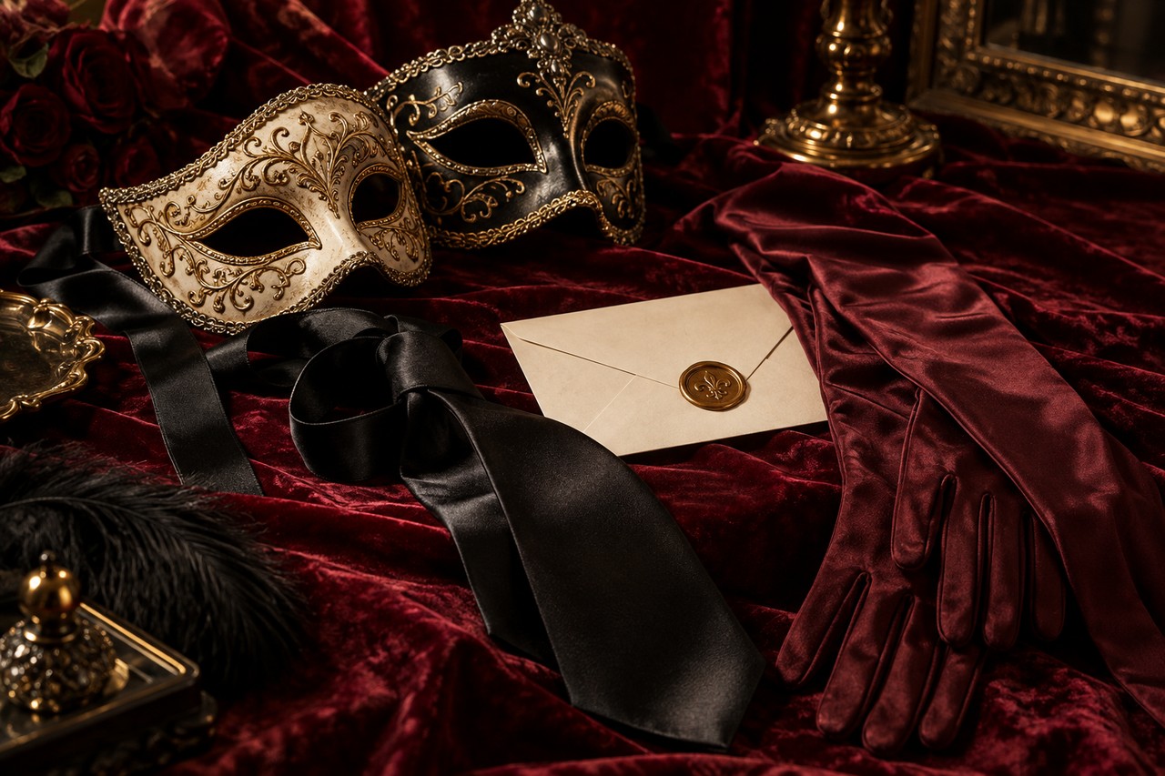 Jeux de rôle sexuels et scénarios coquins Deux masques vénitiens avec une cravate et des gants sur du satin bordeaux