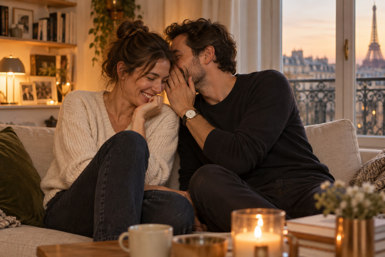 le-dirty-talk-comment-parler-coquin-sans-malaise-et-comment-trouver-son-style-1280×853-1 Homme chuchotant à sa partenaire qui rit sur leur canapé