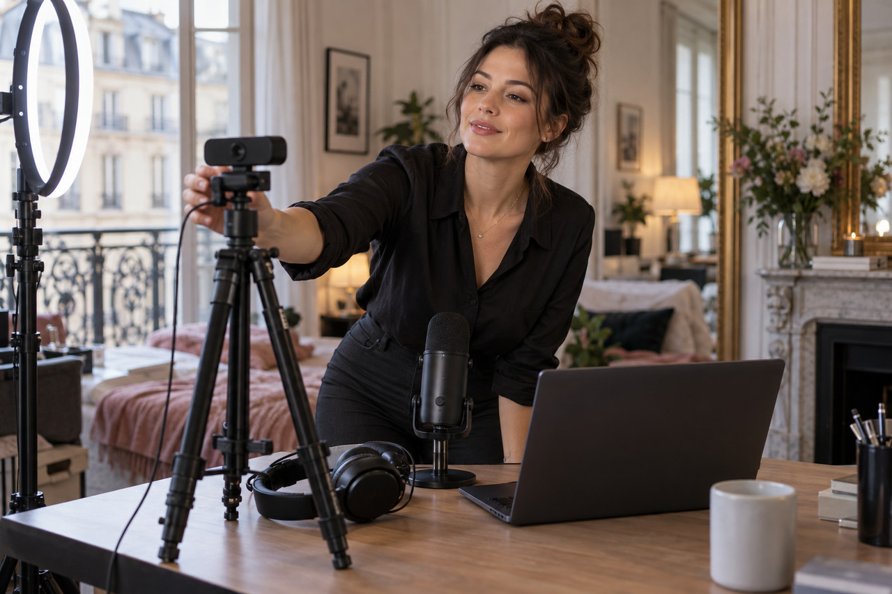 Camgirl installant webcam, éclairage et microphone dans un studio parisien