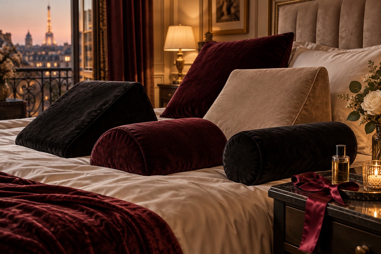 Positions confortables pour le sexe anal Coussins en velours disposés en plusieurs inclinaisons sur un lit bordeaux