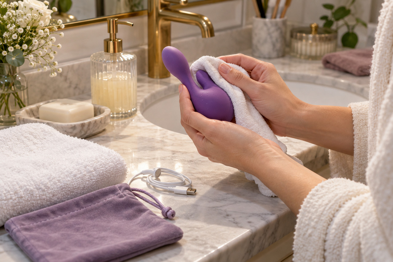 nettoyage-entretien-sextoys-1280×853-1 Mains essuyant un accessoire en silicone et préparant sa pochette de rangement