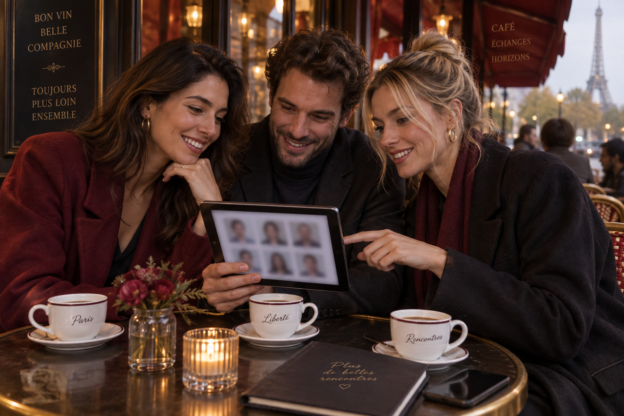 nouslib-rencontres-sans-compromis-1280×853-1 Adultes explorant des profils de rencontre ensemble dans un café parisien