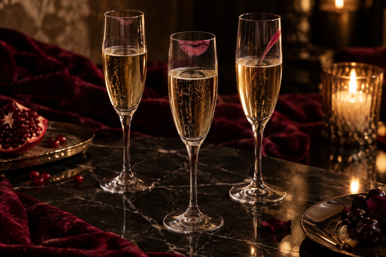 Plan à trois et fantasme de couple Trois verres de champagne réunis dans un salon bordeaux