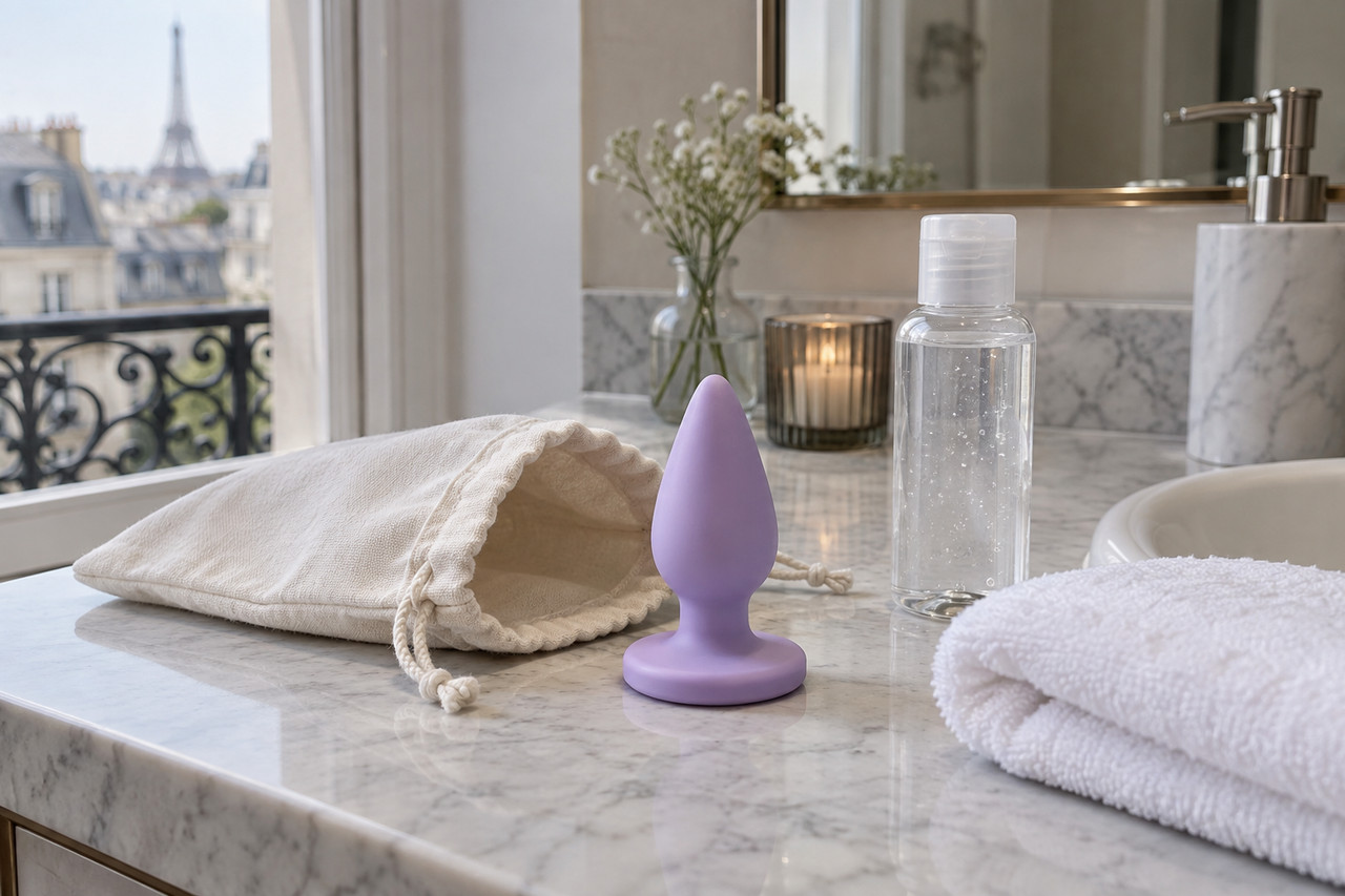 plug-anal-comment-debuter-en-douceur-1280×853-1 Petit accessoire en silicone avec gel et pochette sur un comptoir de salle de bain