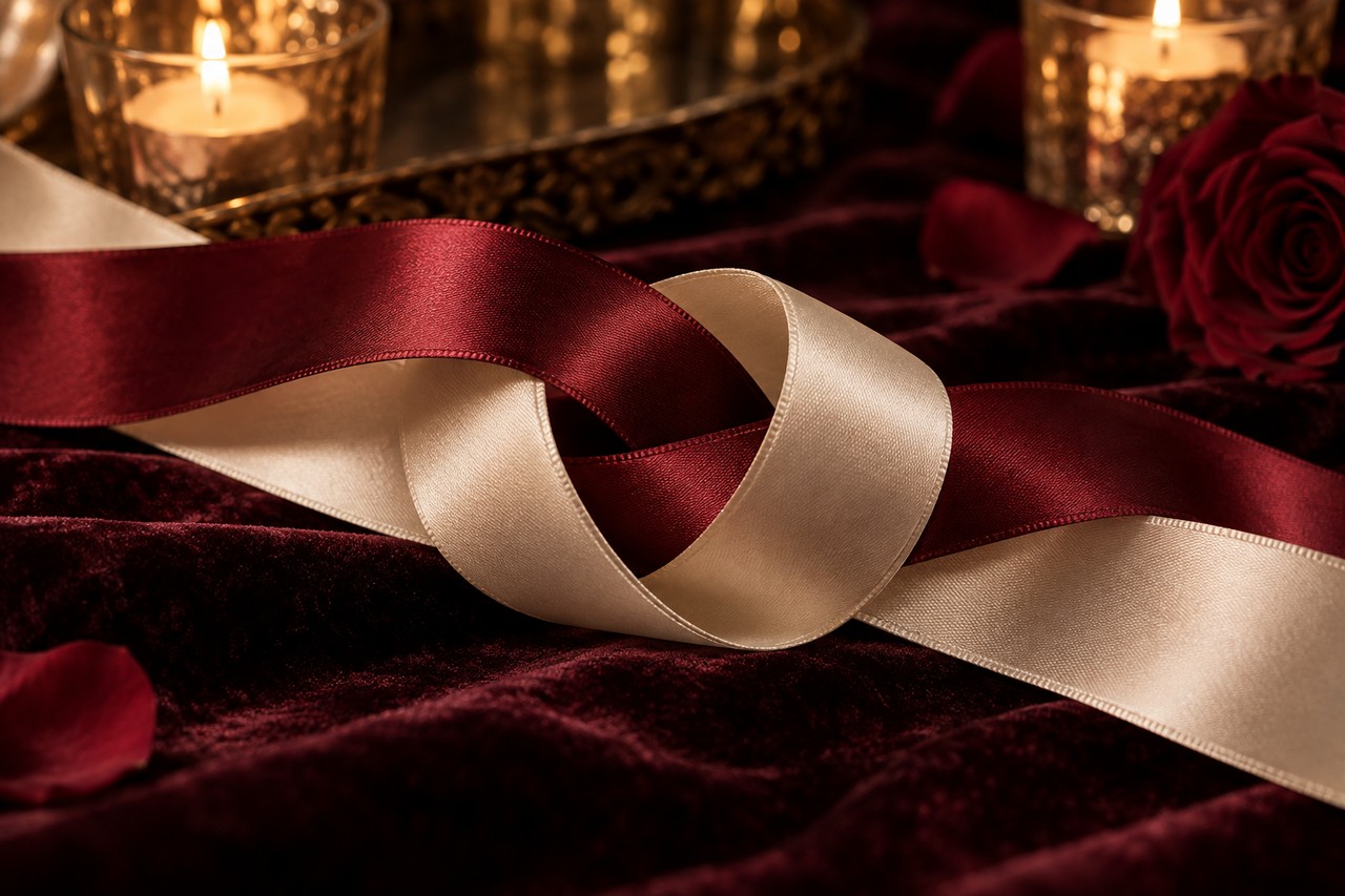 Position du lotus et étreinte sensuelle Deux rubans de satin bordeaux et ivoire étroitement entrelacés