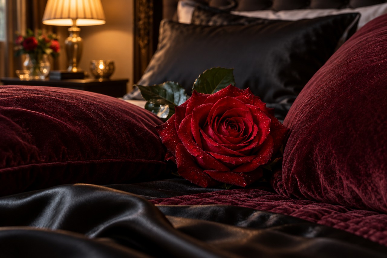 Positions confortables pour le cunnilingus Coussins et pétales disposés sur un lit pour symboliser le confort du plaisir oral