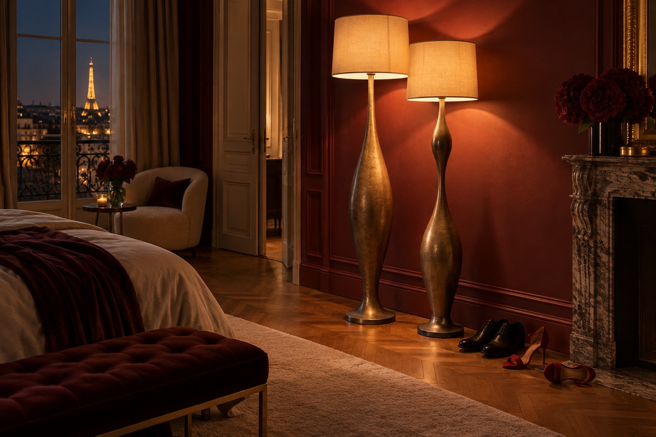 Positions sexuelles debout praticables Deux silhouettes adultes enlacées debout derrière un rideau dans une chambre élégante