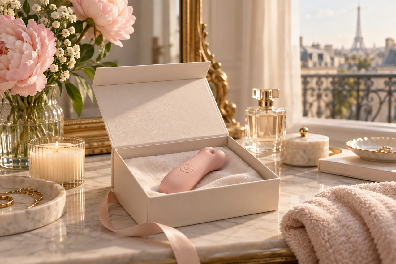 premier-sextoy-choix-1280×853-1 Petit appareil rose dans une boîte ouverte pour une première découverte