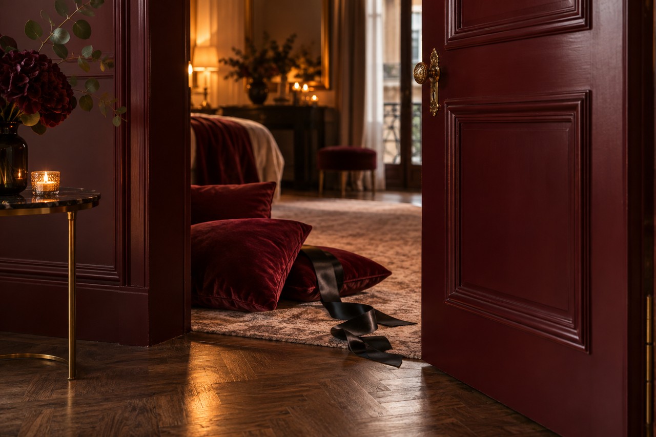 Première sodomie en douceur Porte entrouverte sur une chambre aux draps bordeaux
