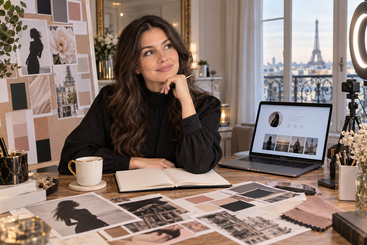 pseudo-camgirl-attirer-visiteurs-1280×853-1 Créatrice réfléchissant à son pseudonyme avec carnet et tableau d’inspiration