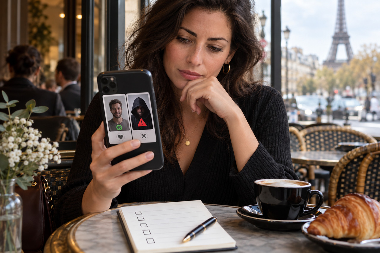 rencontres-en-ligne-eviter-surprises-1280×853-1 Femme comparant deux profils de rencontre dont un présente un avertissement