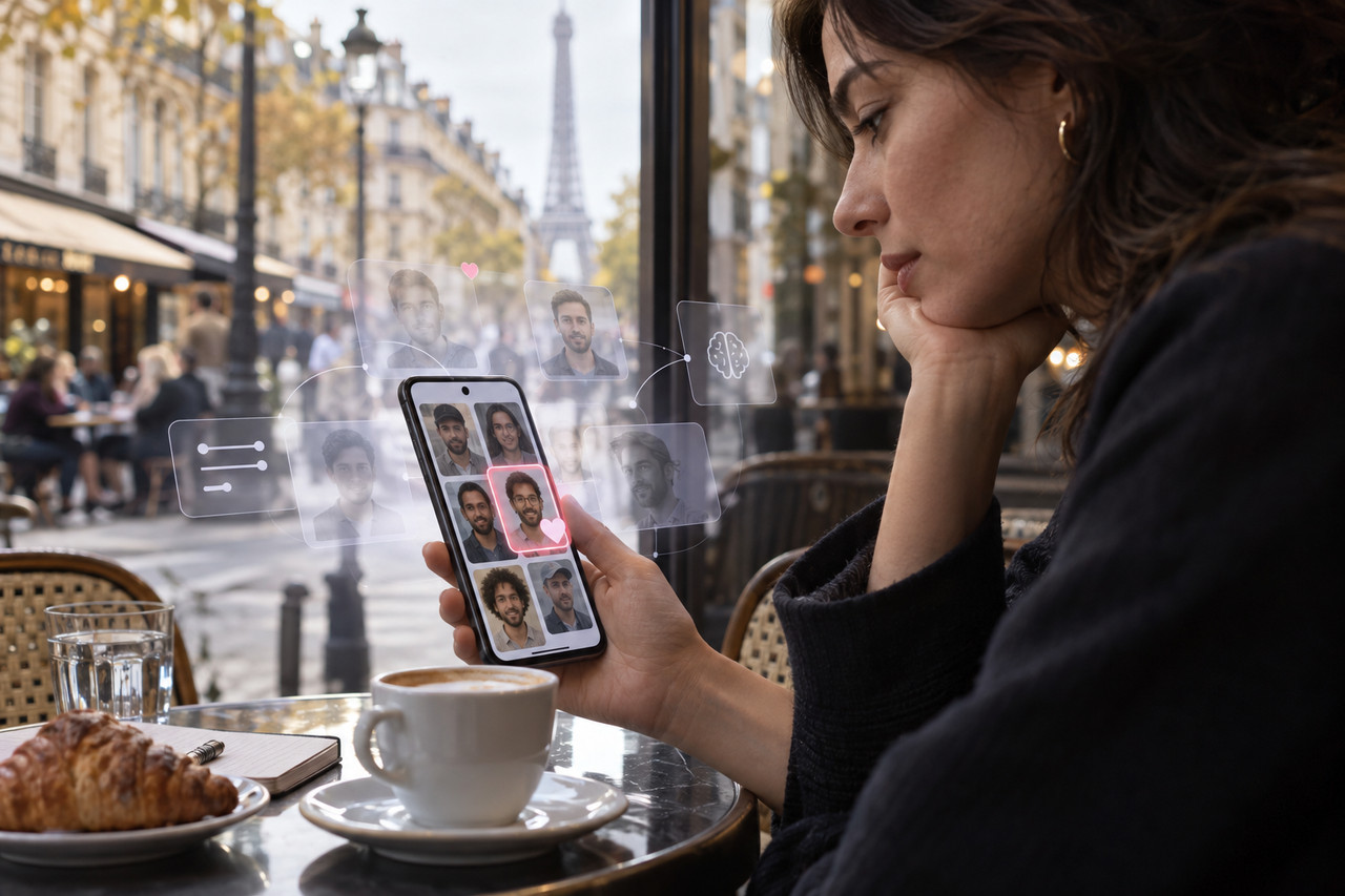 sexe-algorithmes-apps-1280×853-1 Femme consultant des profils de rencontre filtrés par une application