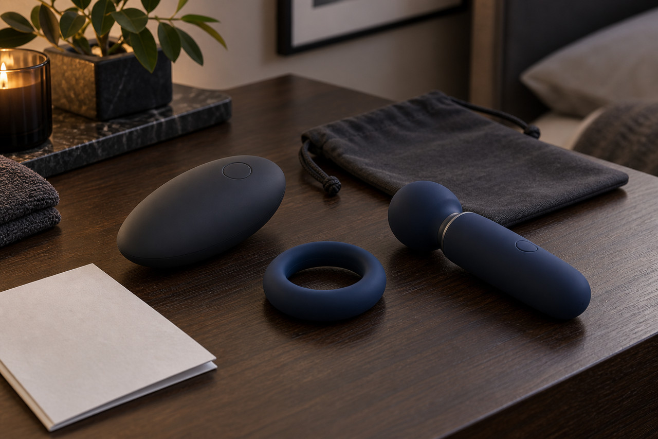 sextoys-hommes-masturbateur-1280×853-1 Trois accessoires de bien-être intime pour hommes sur une table