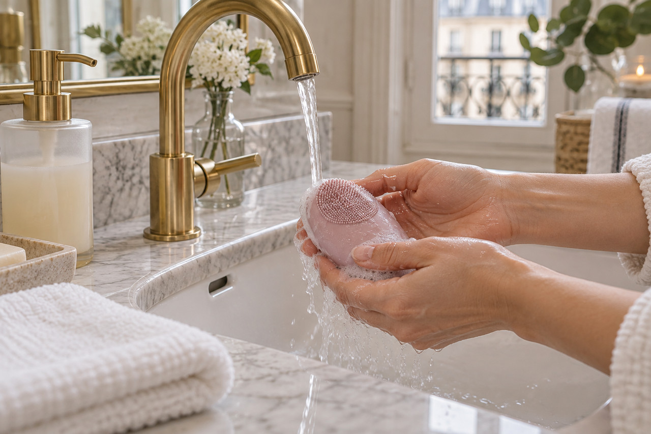 sextoys-hygiene-intime-1280×853-1 Mains nettoyant un accessoire en silicone sous l’eau dans une salle de bain