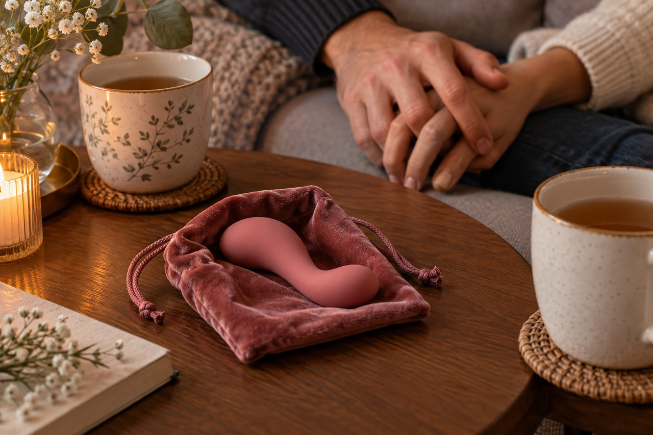 sextoys-libido-allies-1280×853-1 Mains d’un couple près d’un appareil intime rose et de deux tasses de thé