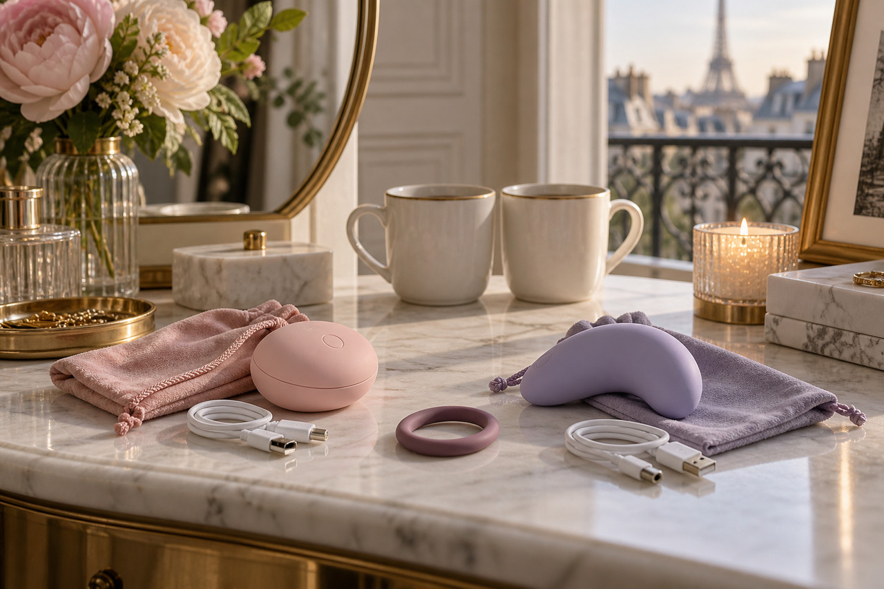 sextoys-pour-couple-lesquels-choisir-pour-pimenter-vos-nuits-a-deux-1280×853-1 Trois accessoires de bien-être pour couple et leurs pochettes sur une coiffeuse
