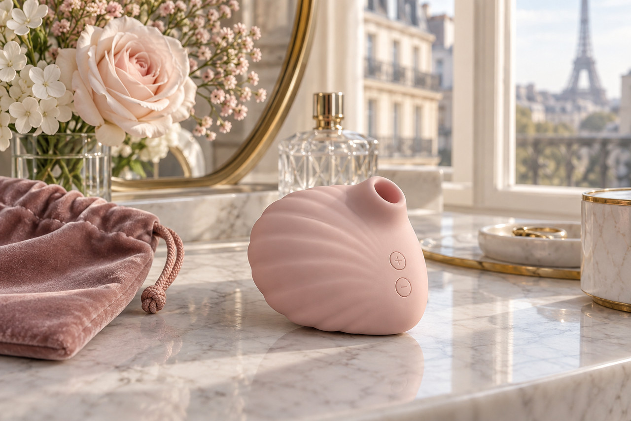 stimulateur-clitoridien-seduction-1280×853-1 Petit appareil rose à ouverture circulaire sur une coiffeuse
