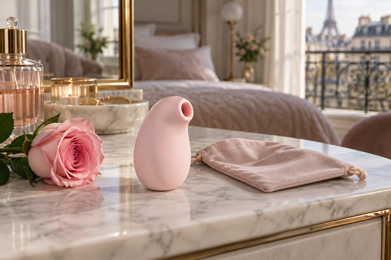 Petit stimulateur rose et pochette de rangement sur une coiffeuse