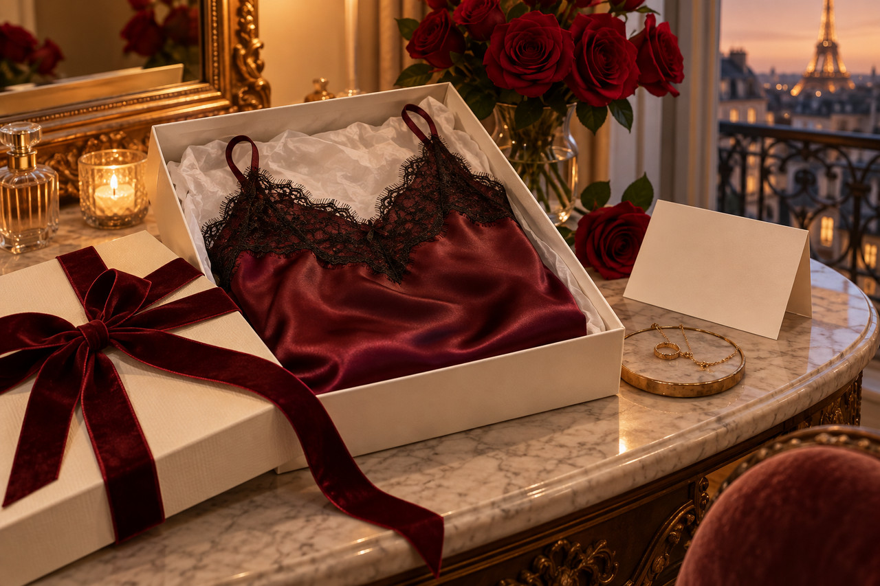 Camisole en satin et dentelle offerte dans un coffret avec des roses