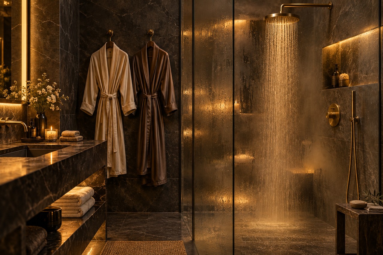 Urophilie et fantasme du golden shower Douche dorée symbolique dans une salle de bains élégante