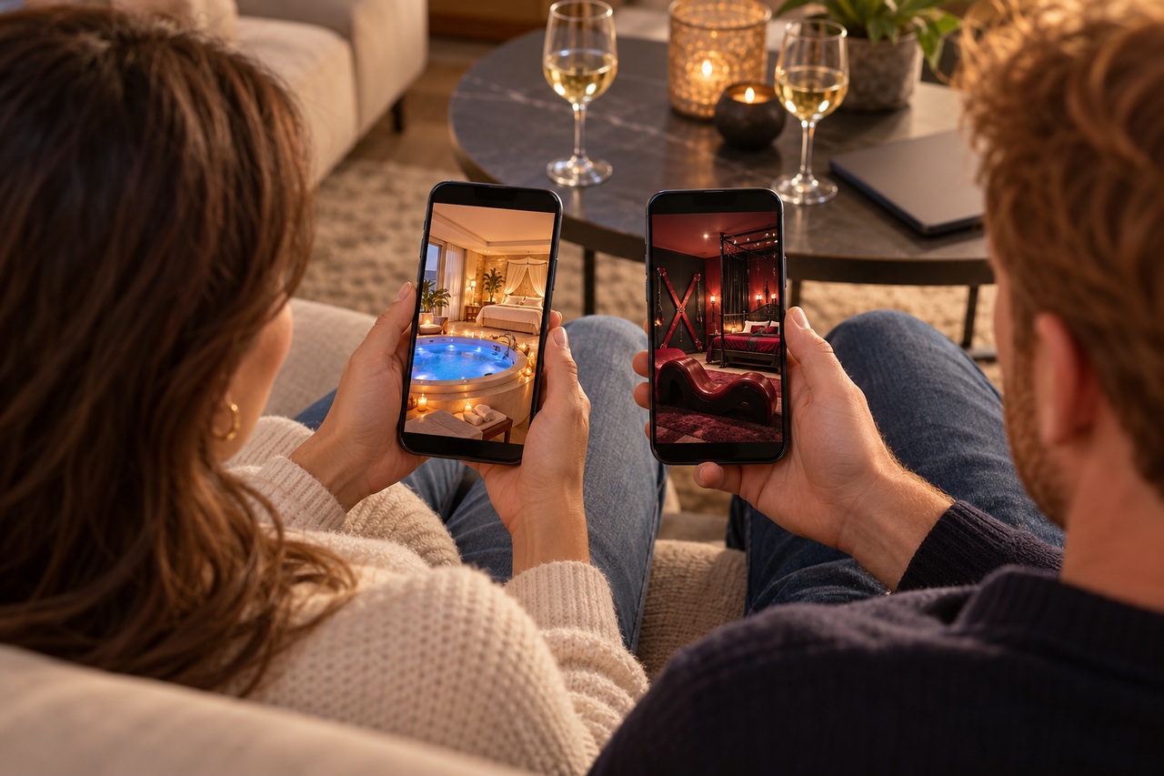 Un couple compare une love room avec spa et une chambre BDSM sur leurs téléphones