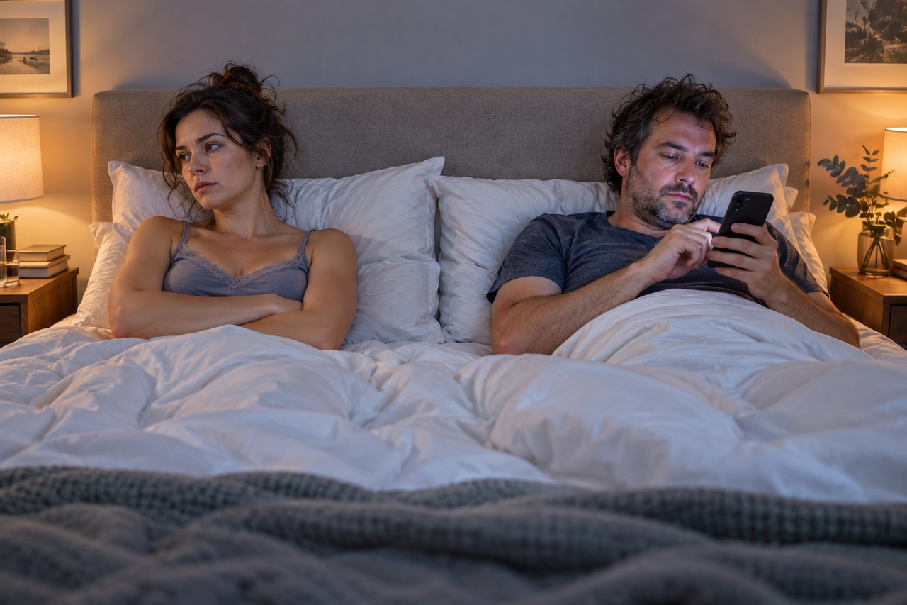 Couple au lit : l’ennui face au smartphone Femme qui s’ennuie au lit pendant que son partenaire regarde son smartphone