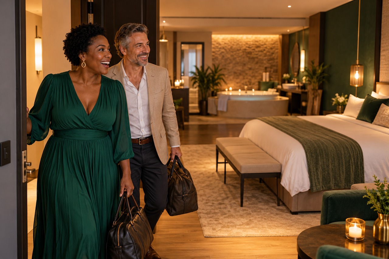 Un couple découvre sa love room avec jacuzzi privatif