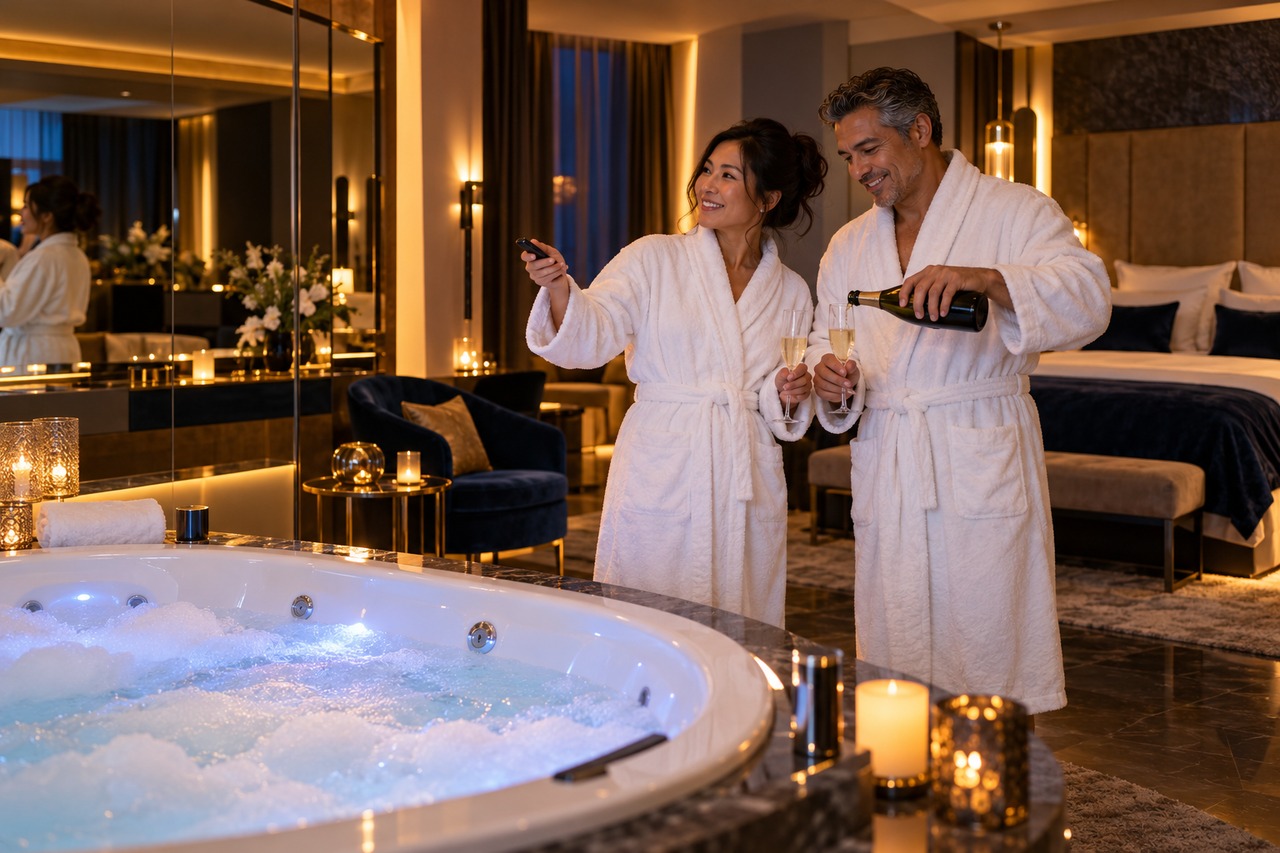 Un couple profite du jacuzzi et des miroirs de sa love room