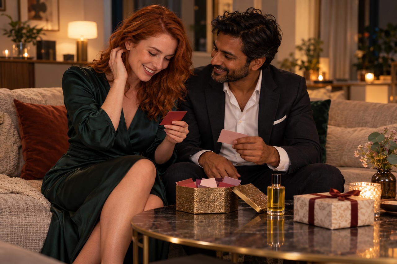 Couple adulte choisissant des cartes surprises pour introduire de la nouveauté