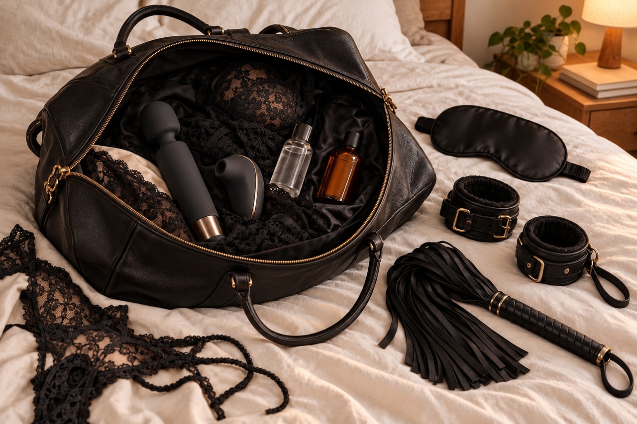 Sac prepare sur un lit avec lingerie, sextoys et accessoires pour une love room