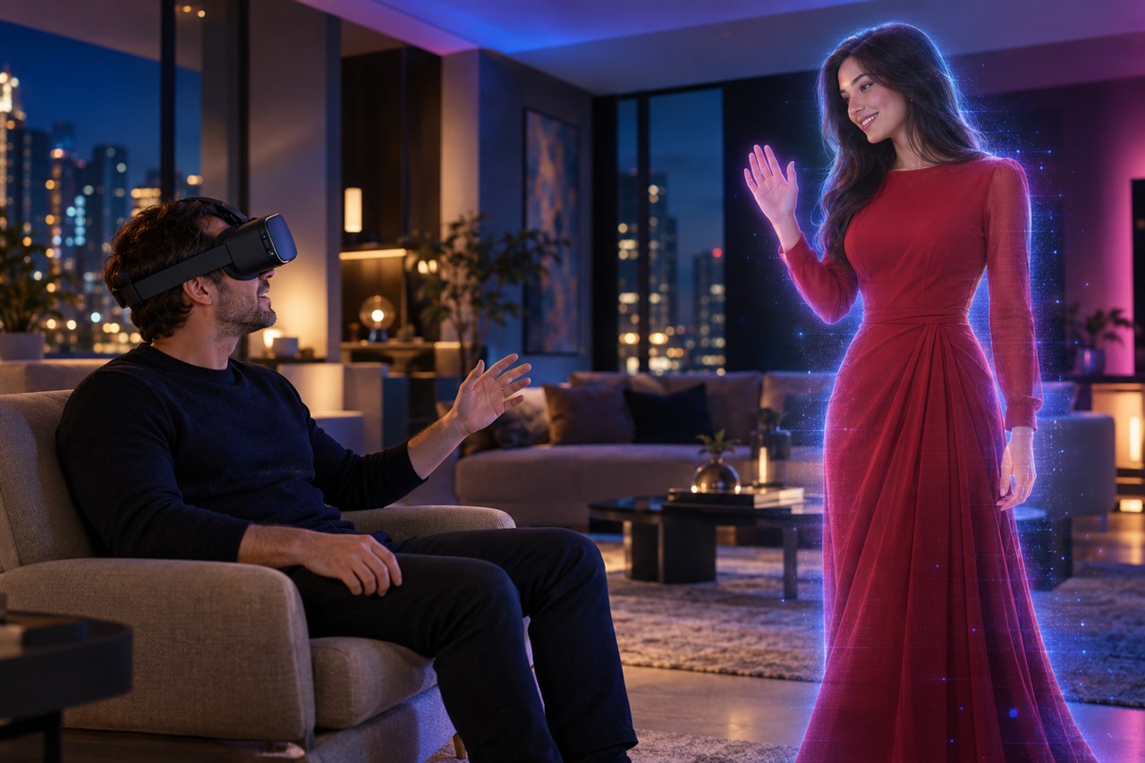 SexLikeReal : le porno VR qui donne vraiment l’impression de coucher avec les actrices ? Homme portant un casque VR face à une actrice virtuelle réaliste