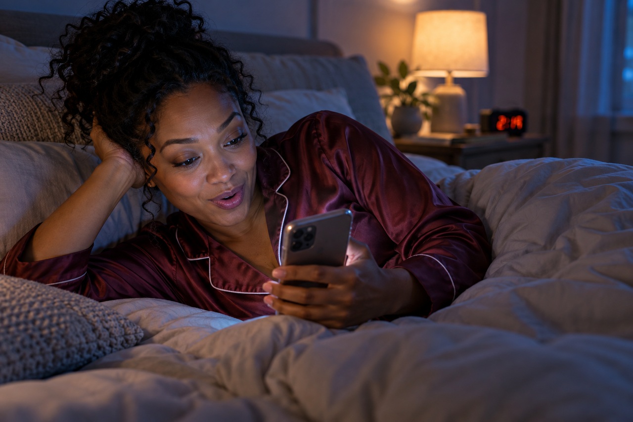 Une utilisatrice fait defiler des videos courtes tard dans la nuit