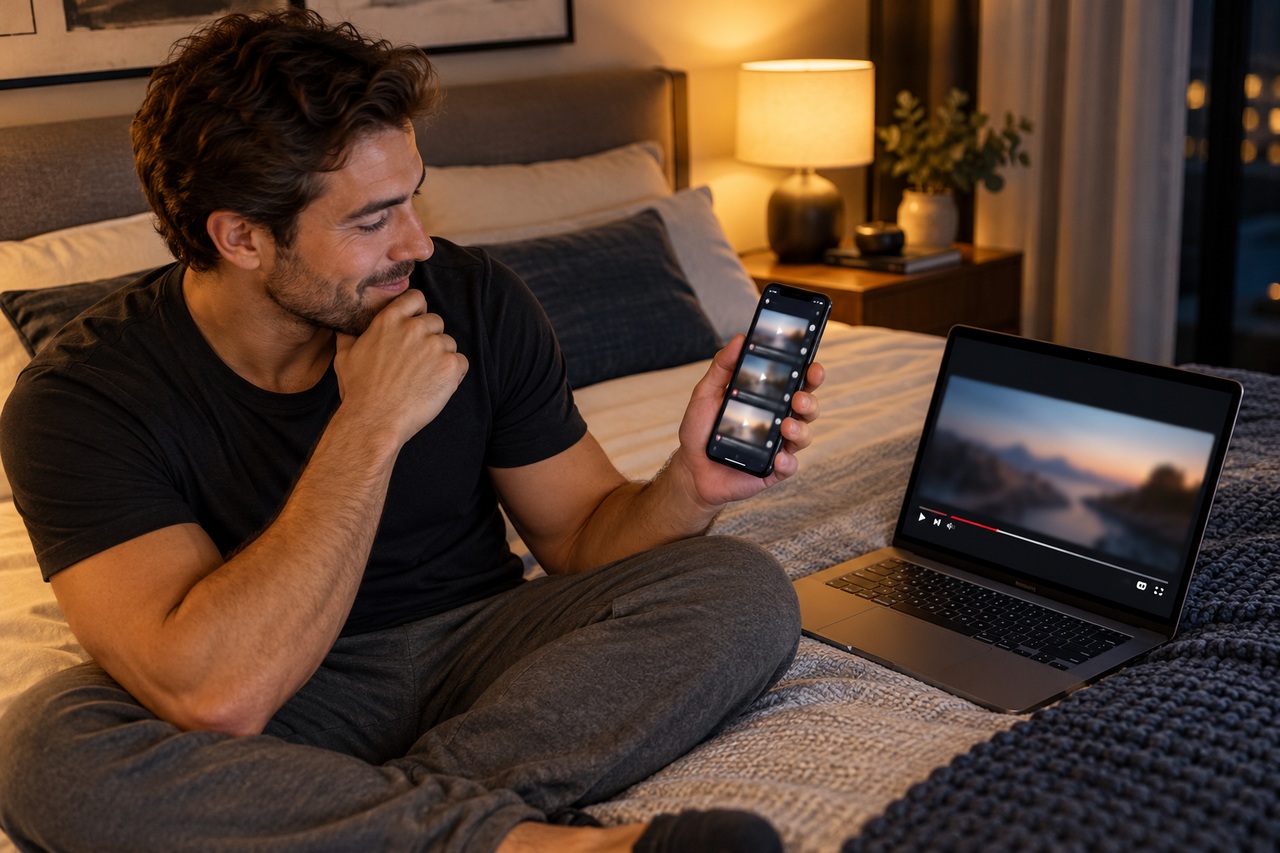 Homme comparant le fil vidéo de XXXTik sur smartphone avec un tube porno sur ordinateur